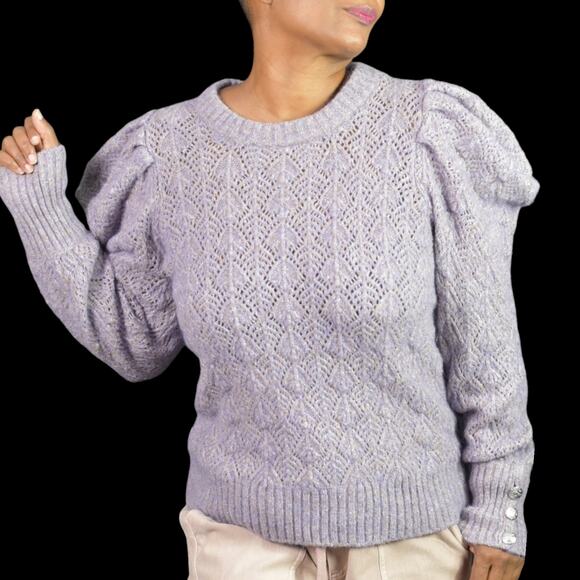 Veronica Beard Novah Pointelle Sweater Purple Pullover Puff Sleeve Alpaca Medium - Picture 1 of 15